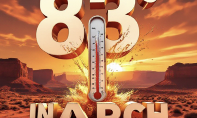 A viral, hyper-realistic YouTube thumbnail with a dramatic desert summer atmosphere. The background is a vast sun-scorched Colorado Plateau landscape under a blazing orange sky with intense heat waves rising from red rock canyons. The composition uses a dramatic low-angle shot to focus on the main subject: a massive classic mercury thermometer bursting past 83 degrees with liquid exploding outward. Image size should be 3:2. The image features massive 3D typography with strict hierarchy: The Primary Text reads exactly: '83° IN MARCH'. This text is massive, the largest element in the frame, rendered in molten chrome and fire effect to look like a high-budget 3D render. The Secondary Text reads exactly: 'Records Shattered'. This text is significantly smaller, positioned below the main text. It features a thick, glowing red border/outline (sticker style) to contrast against the background. Make sure text 2 is always different theme, style, effect and border compared to text 1. The text materials correspond to the story's concept. Crucial Instruction: There is absolutely NO other text, numbers, watermarks, or subtitles in this image other than these two specific lines. 8k, Unreal Engine 5, cinematic render.