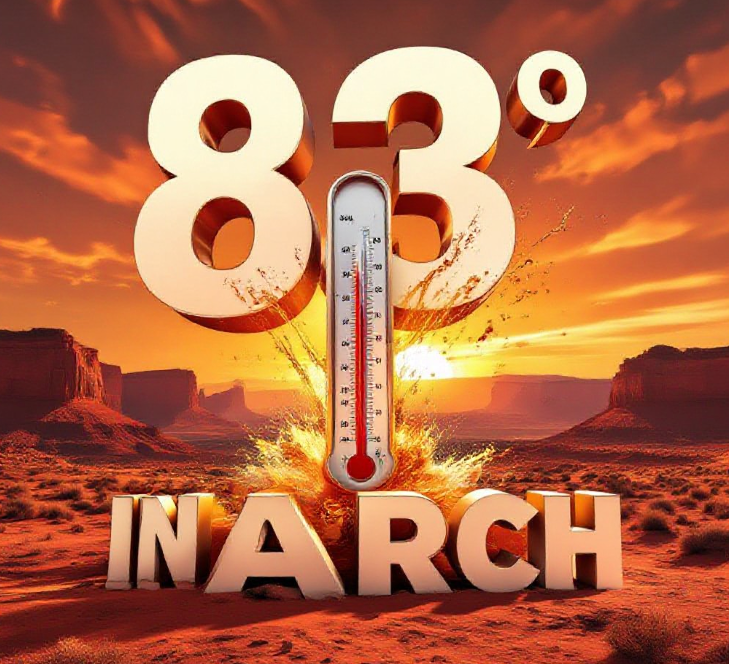 A viral, hyper-realistic YouTube thumbnail with a dramatic desert summer atmosphere. The background is a vast sun-scorched Colorado Plateau landscape under a blazing orange sky with intense heat waves rising from red rock canyons. The composition uses a dramatic low-angle shot to focus on the main subject: a massive classic mercury thermometer bursting past 83 degrees with liquid exploding outward. Image size should be 3:2. The image features massive 3D typography with strict hierarchy: The Primary Text reads exactly: '83° IN MARCH'. This text is massive, the largest element in the frame, rendered in molten chrome and fire effect to look like a high-budget 3D render. The Secondary Text reads exactly: 'Records Shattered'. This text is significantly smaller, positioned below the main text. It features a thick, glowing red border/outline (sticker style) to contrast against the background. Make sure text 2 is always different theme, style, effect and border compared to text 1. The text materials correspond to the story's concept. Crucial Instruction: There is absolutely NO other text, numbers, watermarks, or subtitles in this image other than these two specific lines. 8k, Unreal Engine 5, cinematic render.