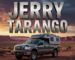 A viral, hyper-realistic YouTube thumbnail with a dramatic desert mystery atmosphere. The background is a vast red-rock Utah desert at golden hour with distant canyons and storm clouds gathering. The composition uses a low dramatic angle to focus on the main subject: a abandoned dark gray 2008 Ford pickup truck with camper shell parked alone on a dusty dirt road. Image size should be 3:2. The image features massive 3D typography with strict hierarchy: The Primary Text reads exactly: 'JERRY TARANGO'. This text is massive, the largest element in the frame, rendered in weathered brushed steel with glowing orange edge light to look like a high-budget 3D render. The Secondary Text reads exactly: 'STILL MISSING'. This text is significantly smaller, positioned below the main text. It features a thick, blood-red border/outline (sticker style) to contrast against the background. Make sure text 2 is always different theme, style, effect and border compared to text 1. The text materials correspond to the story's concept. Crucial Instruction: There is absolutely NO other text, numbers, watermarks, or subtitles in this image other than these two specific lines. 8k, Unreal Engine 5, cinematic render.