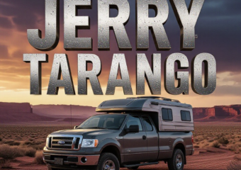 A viral, hyper-realistic YouTube thumbnail with a dramatic desert mystery atmosphere. The background is a vast red-rock Utah desert at golden hour with distant canyons and storm clouds gathering. The composition uses a low dramatic angle to focus on the main subject: a abandoned dark gray 2008 Ford pickup truck with camper shell parked alone on a dusty dirt road. Image size should be 3:2. The image features massive 3D typography with strict hierarchy: The Primary Text reads exactly: 'JERRY TARANGO'. This text is massive, the largest element in the frame, rendered in weathered brushed steel with glowing orange edge light to look like a high-budget 3D render. The Secondary Text reads exactly: 'STILL MISSING'. This text is significantly smaller, positioned below the main text. It features a thick, blood-red border/outline (sticker style) to contrast against the background. Make sure text 2 is always different theme, style, effect and border compared to text 1. The text materials correspond to the story's concept. Crucial Instruction: There is absolutely NO other text, numbers, watermarks, or subtitles in this image other than these two specific lines. 8k, Unreal Engine 5, cinematic render.