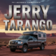 A viral, hyper-realistic YouTube thumbnail with a dramatic desert mystery atmosphere. The background is a vast red-rock Utah desert at golden hour with distant canyons and storm clouds gathering. The composition uses a low dramatic angle to focus on the main subject: a abandoned dark gray 2008 Ford pickup truck with camper shell parked alone on a dusty dirt road. Image size should be 3:2. The image features massive 3D typography with strict hierarchy: The Primary Text reads exactly: 'JERRY TARANGO'. This text is massive, the largest element in the frame, rendered in weathered brushed steel with glowing orange edge light to look like a high-budget 3D render. The Secondary Text reads exactly: 'STILL MISSING'. This text is significantly smaller, positioned below the main text. It features a thick, blood-red border/outline (sticker style) to contrast against the background. Make sure text 2 is always different theme, style, effect and border compared to text 1. The text materials correspond to the story's concept. Crucial Instruction: There is absolutely NO other text, numbers, watermarks, or subtitles in this image other than these two specific lines. 8k, Unreal Engine 5, cinematic render.