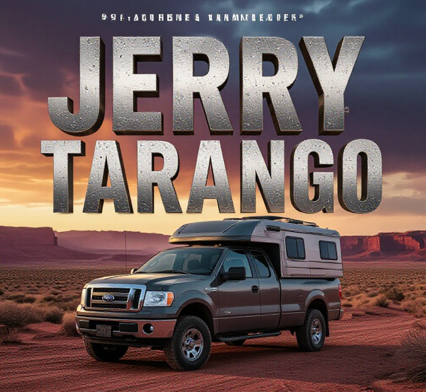 A viral, hyper-realistic YouTube thumbnail with a dramatic desert mystery atmosphere. The background is a vast red-rock Utah desert at golden hour with distant canyons and storm clouds gathering. The composition uses a low dramatic angle to focus on the main subject: a abandoned dark gray 2008 Ford pickup truck with camper shell parked alone on a dusty dirt road. Image size should be 3:2. The image features massive 3D typography with strict hierarchy: The Primary Text reads exactly: 'JERRY TARANGO'. This text is massive, the largest element in the frame, rendered in weathered brushed steel with glowing orange edge light to look like a high-budget 3D render. The Secondary Text reads exactly: 'STILL MISSING'. This text is significantly smaller, positioned below the main text. It features a thick, blood-red border/outline (sticker style) to contrast against the background. Make sure text 2 is always different theme, style, effect and border compared to text 1. The text materials correspond to the story's concept. Crucial Instruction: There is absolutely NO other text, numbers, watermarks, or subtitles in this image other than these two specific lines. 8k, Unreal Engine 5, cinematic render.