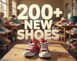 A viral, hyper-realistic YouTube thumbnail with a warm, golden community atmosphere. The background is the interior of Pathways Family Shelter filled with tables of colorful new shoes and soft afternoon light streaming through windows. The composition uses a low, slightly wide angle to focus on the main subject: a pair of bright red children's high-top sneakers placed proudly on a shelter table with tiny feet prints leading up to them. Image size should be 3:2. The image features massive 3D typography with strict hierarchy: The Primary Text reads exactly: '200+ NEW SHOES'. This text is massive, the largest element in the frame, rendered in glowing gold chrome to look like a high-budget 3D render. The Secondary Text reads exactly: 'FOR KIDS IN NEED'. This text is significantly smaller, positioned below the main text with a thick white outline and red sticker-style border to pop against the background. The text materials correspond to the story's concept. Crucial Instruction: There is absolutely NO other text, numbers, watermarks, or subtitles in this image other than these two specific lines. 8k, Unreal Engine 5, cinematic render.