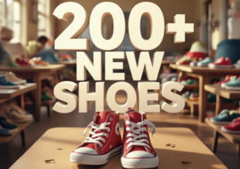 A viral, hyper-realistic YouTube thumbnail with a warm, golden community atmosphere. The background is the interior of Pathways Family Shelter filled with tables of colorful new shoes and soft afternoon light streaming through windows. The composition uses a low, slightly wide angle to focus on the main subject: a pair of bright red children's high-top sneakers placed proudly on a shelter table with tiny feet prints leading up to them. Image size should be 3:2. The image features massive 3D typography with strict hierarchy: The Primary Text reads exactly: '200+ NEW SHOES'. This text is massive, the largest element in the frame, rendered in glowing gold chrome to look like a high-budget 3D render. The Secondary Text reads exactly: 'FOR KIDS IN NEED'. This text is significantly smaller, positioned below the main text with a thick white outline and red sticker-style border to pop against the background. The text materials correspond to the story's concept. Crucial Instruction: There is absolutely NO other text, numbers, watermarks, or subtitles in this image other than these two specific lines. 8k, Unreal Engine 5, cinematic render.