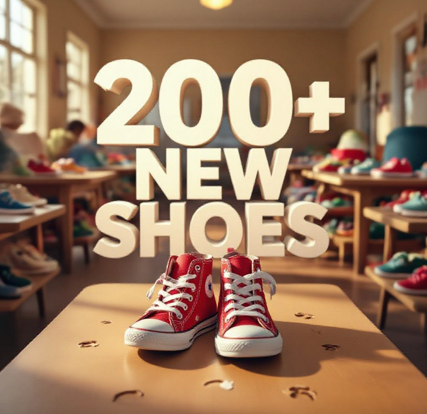 A viral, hyper-realistic YouTube thumbnail with a warm, golden community atmosphere. The background is the interior of Pathways Family Shelter filled with tables of colorful new shoes and soft afternoon light streaming through windows. The composition uses a low, slightly wide angle to focus on the main subject: a pair of bright red children's high-top sneakers placed proudly on a shelter table with tiny feet prints leading up to them. Image size should be 3:2. The image features massive 3D typography with strict hierarchy: The Primary Text reads exactly: '200+ NEW SHOES'. This text is massive, the largest element in the frame, rendered in glowing gold chrome to look like a high-budget 3D render. The Secondary Text reads exactly: 'FOR KIDS IN NEED'. This text is significantly smaller, positioned below the main text with a thick white outline and red sticker-style border to pop against the background. The text materials correspond to the story's concept. Crucial Instruction: There is absolutely NO other text, numbers, watermarks, or subtitles in this image other than these two specific lines. 8k, Unreal Engine 5, cinematic render.