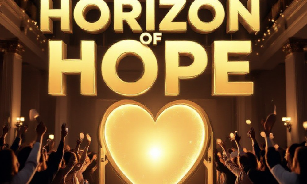 A viral, hyper-realistic YouTube thumbnail with a warm, golden-hour community atmosphere. The background is the elegant Fairfield Event Center interior filled with smiling supporters raising paddles under soft chandelier glow and string lights. The composition uses a low-angle shot to focus on the main subject: a beautiful, glowing open door shaped like a heart with golden light pouring out. Image size should be 3:2. The image features massive 3D typography with strict hierarchy: The Primary Text reads exactly: 'Horizon of Hope'. This text is massive, the largest element in the frame, rendered in liquid gold to look like a high-budget 3D render. The Secondary Text reads exactly: 'First Gala Success'. This text is significantly smaller, positioned below the main text. It features a thick, white glowing border/outline (sticker style) to contrast against the background. Make sure text 2 is always different theme, style, effect and border compared to text 1.