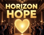 A viral, hyper-realistic YouTube thumbnail with a warm, golden-hour community atmosphere. The background is the elegant Fairfield Event Center interior filled with smiling supporters raising paddles under soft chandelier glow and string lights. The composition uses a low-angle shot to focus on the main subject: a beautiful, glowing open door shaped like a heart with golden light pouring out. Image size should be 3:2. The image features massive 3D typography with strict hierarchy: The Primary Text reads exactly: 'Horizon of Hope'. This text is massive, the largest element in the frame, rendered in liquid gold to look like a high-budget 3D render. The Secondary Text reads exactly: 'First Gala Success'. This text is significantly smaller, positioned below the main text. It features a thick, white glowing border/outline (sticker style) to contrast against the background. Make sure text 2 is always different theme, style, effect and border compared to text 1.
