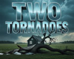 A viral, hyper-realistic YouTube thumbnail with a dramatic storm-chaser atmosphere. The background is a dark Indiana farmhouse landscape under threatening green skies with visible wall cloud and debris swirl. The composition uses a low dramatic angle to focus on the main subject: a massive twisted oak tree snapped in half with roof debris wrapped around it. Image size should be 3:2. The image features massive 3D typography with strict hierarchy: The Primary Text reads exactly: 'TWO TORNADOES'. This text is massive, the largest element in the frame, rendered in glowing electric blue chrome to look like a high-budget 3D render. The Secondary Text reads exactly: 'Strike Indiana'. This text is significantly smaller, positioned below the main text. It features a thick, glowing red border/outline (sticker style) to contrast against the background. Make sure text 2 is always different theme, style, effect and border compared to text 1. The text materials correspond to the story's concept. Crucial Instruction: There is absolutely NO other text, numbers, watermarks, or subtitles in this image other than these two specific lines. 8k, Unreal Engine 5, cinematic render