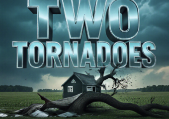 A viral, hyper-realistic YouTube thumbnail with a dramatic storm-chaser atmosphere. The background is a dark Indiana farmhouse landscape under threatening green skies with visible wall cloud and debris swirl. The composition uses a low dramatic angle to focus on the main subject: a massive twisted oak tree snapped in half with roof debris wrapped around it. Image size should be 3:2. The image features massive 3D typography with strict hierarchy: The Primary Text reads exactly: 'TWO TORNADOES'. This text is massive, the largest element in the frame, rendered in glowing electric blue chrome to look like a high-budget 3D render. The Secondary Text reads exactly: 'Strike Indiana'. This text is significantly smaller, positioned below the main text. It features a thick, glowing red border/outline (sticker style) to contrast against the background. Make sure text 2 is always different theme, style, effect and border compared to text 1. The text materials correspond to the story's concept. Crucial Instruction: There is absolutely NO other text, numbers, watermarks, or subtitles in this image other than these two specific lines. 8k, Unreal Engine 5, cinematic render
