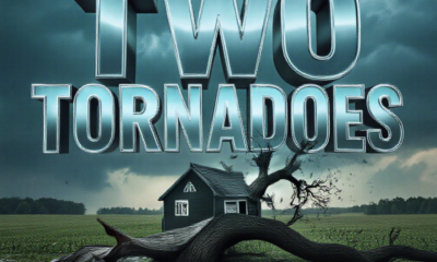 A viral, hyper-realistic YouTube thumbnail with a dramatic storm-chaser atmosphere. The background is a dark Indiana farmhouse landscape under threatening green skies with visible wall cloud and debris swirl. The composition uses a low dramatic angle to focus on the main subject: a massive twisted oak tree snapped in half with roof debris wrapped around it. Image size should be 3:2. The image features massive 3D typography with strict hierarchy: The Primary Text reads exactly: 'TWO TORNADOES'. This text is massive, the largest element in the frame, rendered in glowing electric blue chrome to look like a high-budget 3D render. The Secondary Text reads exactly: 'Strike Indiana'. This text is significantly smaller, positioned below the main text. It features a thick, glowing red border/outline (sticker style) to contrast against the background. Make sure text 2 is always different theme, style, effect and border compared to text 1. The text materials correspond to the story's concept. Crucial Instruction: There is absolutely NO other text, numbers, watermarks, or subtitles in this image other than these two specific lines. 8k, Unreal Engine 5, cinematic render