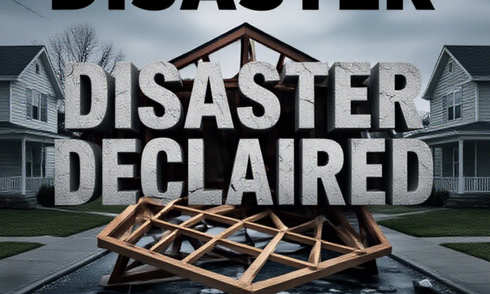 A viral, hyper-realistic YouTube thumbnail with a Somber News atmosphere. The background is a Devastated Residential Street in Indiana with gray, overcast lighting. The composition uses a Drone High Angle to focus on the main subject: a Shattered Wooden House Frame. Image size should be 3:2. The image features massive 3D typography with strict hierarchy: The Primary Text reads exactly: 'DISASTER DECLARED'. This text is massive, the largest element in the frame, rendered in Cracked Concrete to look like a high-budget 3D render. The Secondary Text reads exactly: 'GOV. BRAUN ON SITE'. This text is significantly smaller, positioned below or next to the main text. It features a thick, distinct color border/outline (sticker style) to contrast against the background. Make sure text 2 is always different theme, style, effect and border compared to text 1.