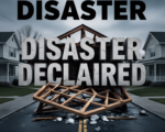 A viral, hyper-realistic YouTube thumbnail with a Somber News atmosphere. The background is a Devastated Residential Street in Indiana with gray, overcast lighting. The composition uses a Drone High Angle to focus on the main subject: a Shattered Wooden House Frame. Image size should be 3:2. The image features massive 3D typography with strict hierarchy: The Primary Text reads exactly: 'DISASTER DECLARED'. This text is massive, the largest element in the frame, rendered in Cracked Concrete to look like a high-budget 3D render. The Secondary Text reads exactly: 'GOV. BRAUN ON SITE'. This text is significantly smaller, positioned below or next to the main text. It features a thick, distinct color border/outline (sticker style) to contrast against the background. Make sure text 2 is always different theme, style, effect and border compared to text 1.