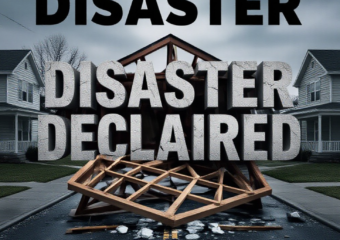 A viral, hyper-realistic YouTube thumbnail with a Somber News atmosphere. The background is a Devastated Residential Street in Indiana with gray, overcast lighting. The composition uses a Drone High Angle to focus on the main subject: a Shattered Wooden House Frame. Image size should be 3:2. The image features massive 3D typography with strict hierarchy: The Primary Text reads exactly: 'DISASTER DECLARED'. This text is massive, the largest element in the frame, rendered in Cracked Concrete to look like a high-budget 3D render. The Secondary Text reads exactly: 'GOV. BRAUN ON SITE'. This text is significantly smaller, positioned below or next to the main text. It features a thick, distinct color border/outline (sticker style) to contrast against the background. Make sure text 2 is always different theme, style, effect and border compared to text 1.