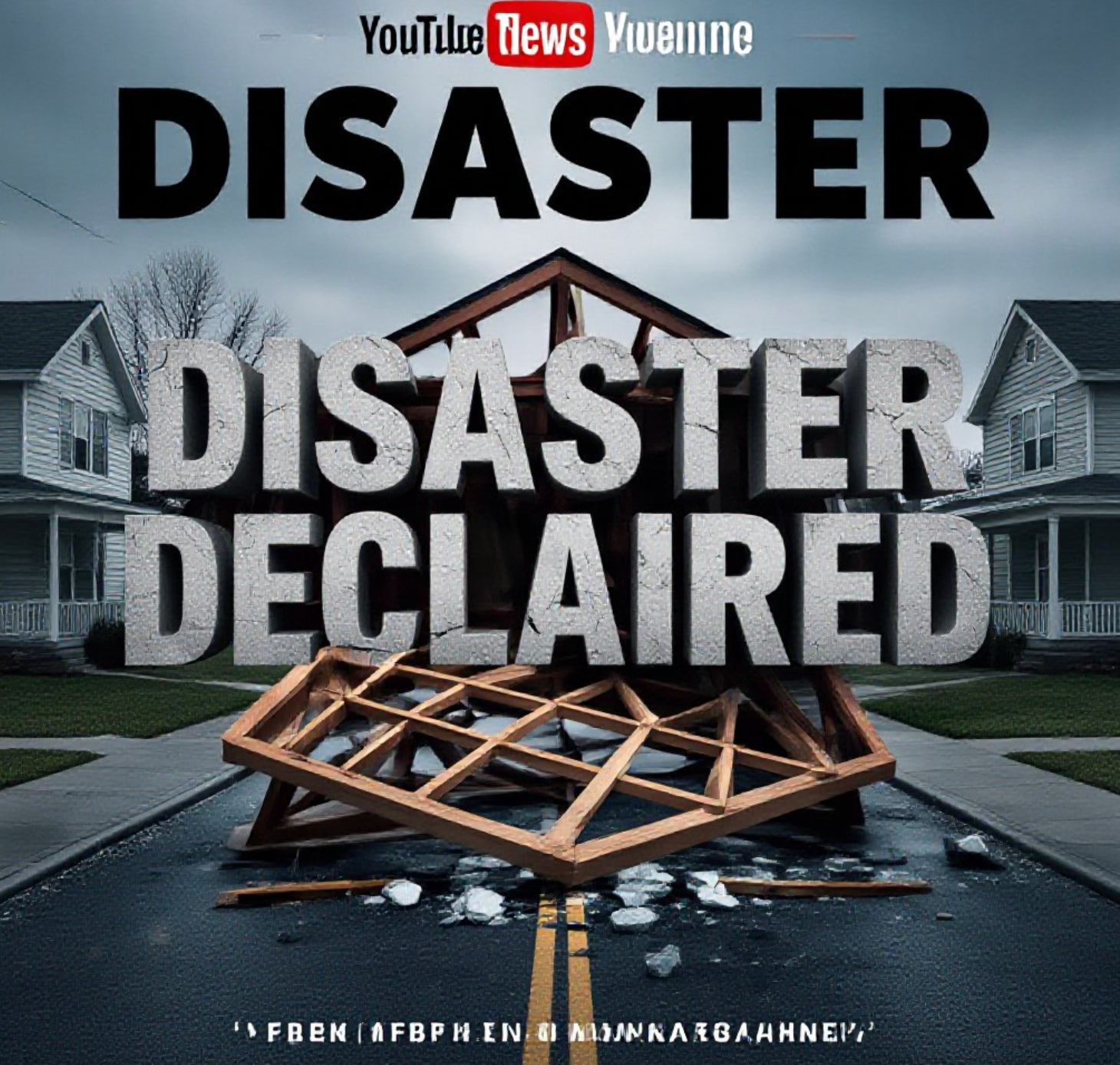A viral, hyper-realistic YouTube thumbnail with a Somber News atmosphere. The background is a Devastated Residential Street in Indiana with gray, overcast lighting. The composition uses a Drone High Angle to focus on the main subject: a Shattered Wooden House Frame. Image size should be 3:2. The image features massive 3D typography with strict hierarchy: The Primary Text reads exactly: 'DISASTER DECLARED'. This text is massive, the largest element in the frame, rendered in Cracked Concrete to look like a high-budget 3D render. The Secondary Text reads exactly: 'GOV. BRAUN ON SITE'. This text is significantly smaller, positioned below or next to the main text. It features a thick, distinct color border/outline (sticker style) to contrast against the background. Make sure text 2 is always different theme, style, effect and border compared to text 1.