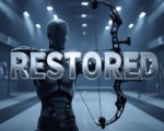 A viral, hyper-realistic YouTube thumbnail with a Tech atmosphere. The background is a modern indoor archery range with dramatic stadium lighting. The composition uses a Low Angle to focus on the main subject: a futuristic 3D-printed mechanical brace attached to a torso mannequin holding a compound bow. Image size should be 3:2. The image features massive 3D typography with strict hierarchy: The Primary Text reads exactly: 'RESTORED'. This text is massive, the largest element in the frame, rendered in Chrome to look like a high-budget 3D render. The Secondary Text reads exactly: 'VETERAN AIM'. This text is significantly smaller, positioned below or next to the main text. It features a thick, distinct color border/outline (sticker style) to contrast against the background. Make sure text 2 is always different theme, style, effect and border compared to text 1.