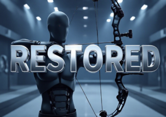 A viral, hyper-realistic YouTube thumbnail with a Tech atmosphere. The background is a modern indoor archery range with dramatic stadium lighting. The composition uses a Low Angle to focus on the main subject: a futuristic 3D-printed mechanical brace attached to a torso mannequin holding a compound bow. Image size should be 3:2. The image features massive 3D typography with strict hierarchy: The Primary Text reads exactly: 'RESTORED'. This text is massive, the largest element in the frame, rendered in Chrome to look like a high-budget 3D render. The Secondary Text reads exactly: 'VETERAN AIM'. This text is significantly smaller, positioned below or next to the main text. It features a thick, distinct color border/outline (sticker style) to contrast against the background. Make sure text 2 is always different theme, style, effect and border compared to text 1.