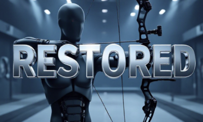 A viral, hyper-realistic YouTube thumbnail with a Tech atmosphere. The background is a modern indoor archery range with dramatic stadium lighting. The composition uses a Low Angle to focus on the main subject: a futuristic 3D-printed mechanical brace attached to a torso mannequin holding a compound bow. Image size should be 3:2. The image features massive 3D typography with strict hierarchy: The Primary Text reads exactly: 'RESTORED'. This text is massive, the largest element in the frame, rendered in Chrome to look like a high-budget 3D render. The Secondary Text reads exactly: 'VETERAN AIM'. This text is significantly smaller, positioned below or next to the main text. It features a thick, distinct color border/outline (sticker style) to contrast against the background. Make sure text 2 is always different theme, style, effect and border compared to text 1.