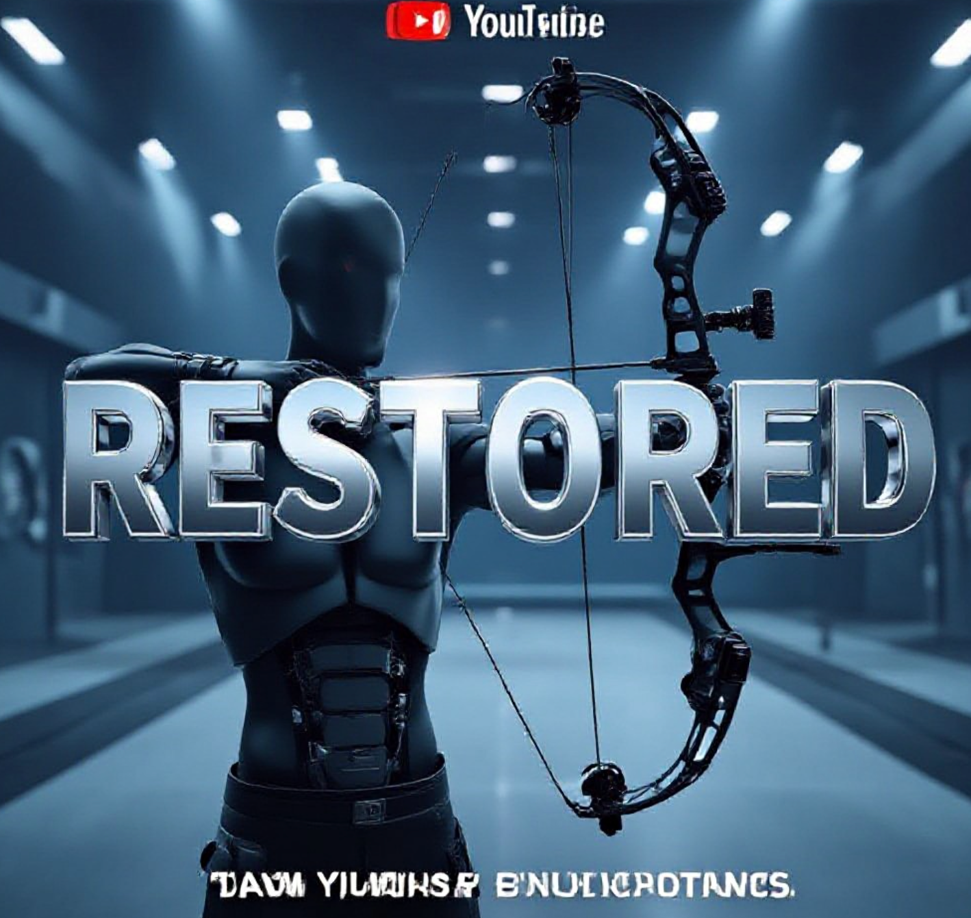 A viral, hyper-realistic YouTube thumbnail with a Tech atmosphere. The background is a modern indoor archery range with dramatic stadium lighting. The composition uses a Low Angle to focus on the main subject: a futuristic 3D-printed mechanical brace attached to a torso mannequin holding a compound bow. Image size should be 3:2. The image features massive 3D typography with strict hierarchy: The Primary Text reads exactly: 'RESTORED'. This text is massive, the largest element in the frame, rendered in Chrome to look like a high-budget 3D render. The Secondary Text reads exactly: 'VETERAN AIM'. This text is significantly smaller, positioned below or next to the main text. It features a thick, distinct color border/outline (sticker style) to contrast against the background. Make sure text 2 is always different theme, style, effect and border compared to text 1.