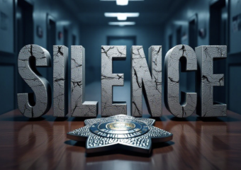 A viral, hyper-realistic YouTube thumbnail with a Cinematic/Documentary atmosphere. The background is a moody, dimly lit police precinct hallway with dramatic shadows. The composition uses a Low Angle to focus on the main subject: a weathered Police Badge resting on a wooden table. Image size should be 3:2. The image features massive 3D typography with strict hierarchy: The Primary Text reads exactly: 'SILENCE'. This text is massive, the largest element in the frame, rendered in Cracked Stone to look like a high-budget 3D render. The Secondary Text reads exactly: 'BROKEN'. This text is significantly smaller, positioned below or next to the main text. It features a thick, distinct color border/outline (sticker style) to contrast ag