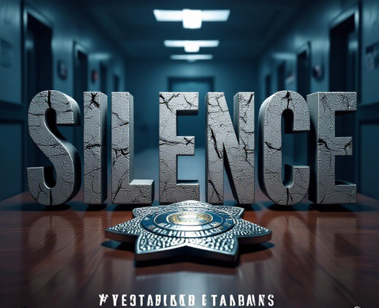 A viral, hyper-realistic YouTube thumbnail with a Cinematic/Documentary atmosphere. The background is a moody, dimly lit police precinct hallway with dramatic shadows. The composition uses a Low Angle to focus on the main subject: a weathered Police Badge resting on a wooden table. Image size should be 3:2. The image features massive 3D typography with strict hierarchy: The Primary Text reads exactly: 'SILENCE'. This text is massive, the largest element in the frame, rendered in Cracked Stone to look like a high-budget 3D render. The Secondary Text reads exactly: 'BROKEN'. This text is significantly smaller, positioned below or next to the main text. It features a thick, distinct color border/outline (sticker style) to contrast ag