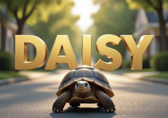 A viral, hyper-realistic YouTube thumbnail with a Heartwarming Small Town atmosphere. The background is a sunny suburban neighborhood street with soft bokeh greenery and sunlight filtering through trees. The composition uses a Low Angle to focus on the main subject: a detailed, realistic Tortoise walking determinedly on the pavement, facing away from the camera toward the horizon. Image size should be 3:2. The image features massive 3D typography with strict hierarchy: The Primary Text reads exactly: 'DAISY'. This text is massive, the largest element in the frame, rendered in Gold to look like a high-budget 3D render. The Secondary Text reads exactly: 'SAFE AT HOME'. This text is significantly smaller, positioned below or next to the main text. It features a thick, distinct white border/outline (sticker style) to contrast against the background. Make sure text 2 is always different theme, style, effect and border compared to text 1.