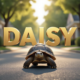 A viral, hyper-realistic YouTube thumbnail with a Heartwarming Small Town atmosphere. The background is a sunny suburban neighborhood street with soft bokeh greenery and sunlight filtering through trees. The composition uses a Low Angle to focus on the main subject: a detailed, realistic Tortoise walking determinedly on the pavement, facing away from the camera toward the horizon. Image size should be 3:2. The image features massive 3D typography with strict hierarchy: The Primary Text reads exactly: 'DAISY'. This text is massive, the largest element in the frame, rendered in Gold to look like a high-budget 3D render. The Secondary Text reads exactly: 'SAFE AT HOME'. This text is significantly smaller, positioned below or next to the main text. It features a thick, distinct white border/outline (sticker style) to contrast against the background. Make sure text 2 is always different theme, style, effect and border compared to text 1.