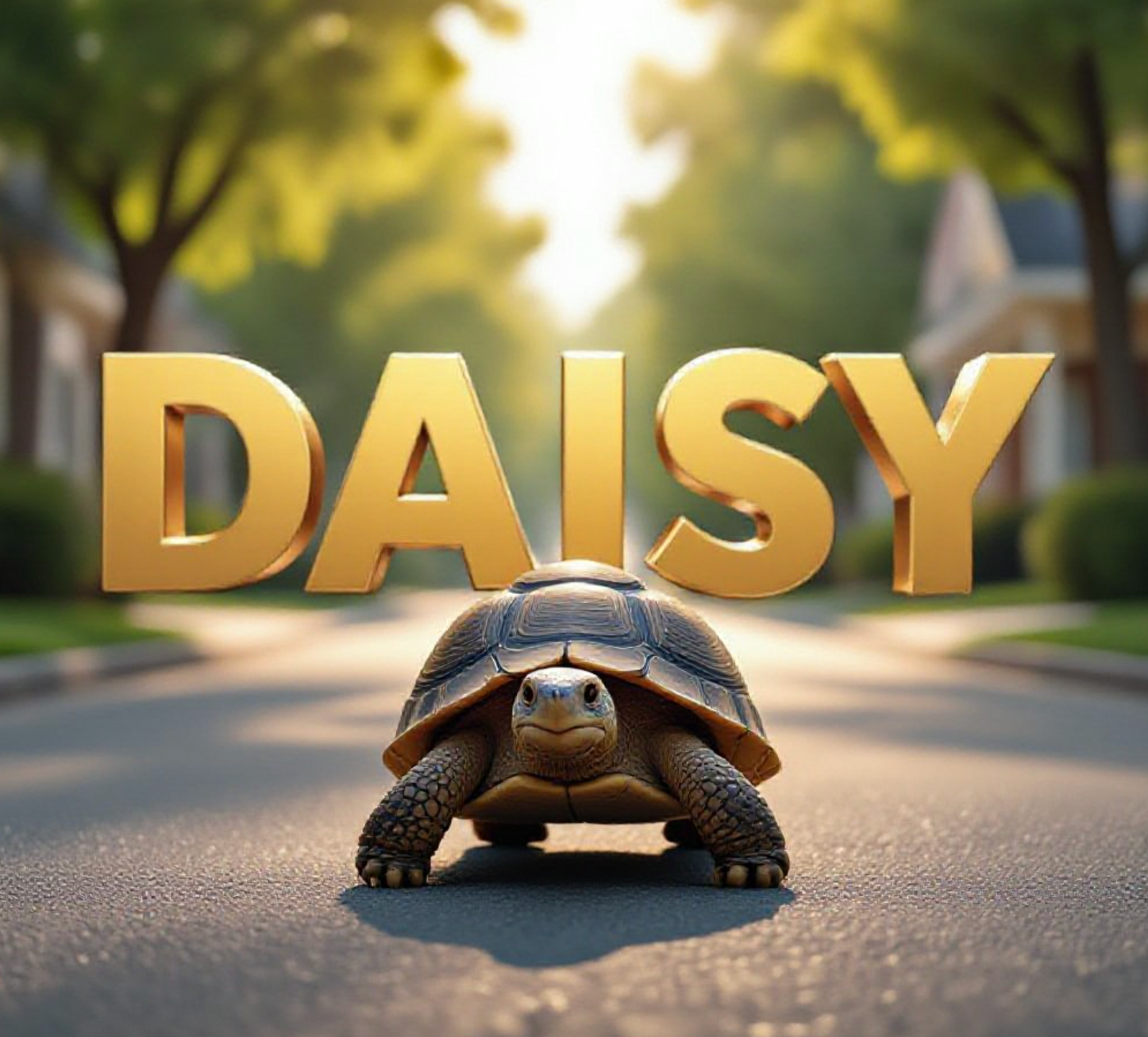 A viral, hyper-realistic YouTube thumbnail with a Heartwarming Small Town atmosphere. The background is a sunny suburban neighborhood street with soft bokeh greenery and sunlight filtering through trees. The composition uses a Low Angle to focus on the main subject: a detailed, realistic Tortoise walking determinedly on the pavement, facing away from the camera toward the horizon. Image size should be 3:2. The image features massive 3D typography with strict hierarchy: The Primary Text reads exactly: 'DAISY'. This text is massive, the largest element in the frame, rendered in Gold to look like a high-budget 3D render. The Secondary Text reads exactly: 'SAFE AT HOME'. This text is significantly smaller, positioned below or next to the main text. It features a thick, distinct white border/outline (sticker style) to contrast against the background. Make sure text 2 is always different theme, style, effect and border compared to text 1.