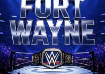 A viral, hyper-realistic YouTube thumbnail with a high-energy wrestling arena atmosphere. The background is the packed Allen County War Memorial Coliseum at night with thousands of phone lights glowing and blue-purple WWE lighting sweeping across the crowd. The composition uses a dramatic low-angle shot to focus on the main subject: a massive, gleaming WWE Championship belt floating above the ring. Image size should be 3:2. The image features massive 3D typography with strict hierarchy: The Primary Text reads exactly: 'FORT WAYNE'. This text is massive, the largest element in the frame, rendered in polished chrome with electric blue glow edges to look like a high-budget 3D render. The Secondary Text reads exactly: 'MAY 23'. This text is significantly smaller, positioned below the main text. It features a thick red outline with white fill and subtle fire sparks to contrast against the background. Make sure text 2 is always different theme, style, effect and border compared to text 1.