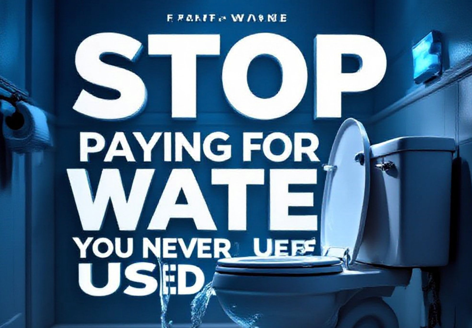 A viral, hyper-realistic YouTube thumbnail with a dramatic home-utility atmosphere. The background is a moody Fort Wayne home bathroom at dusk with water dramatically overflowing from a toilet tank and pooling on the floor, subtle blue emergency lighting. The composition uses a low-angle dramatic shot to focus on the main subject: a gleaming chrome toilet handle mid-flush with water streaming out. Image size should be 3:2. The image features massive 3D typography with strict hierarchy: The Primary Text reads exactly: 'STOP PAYING FOR WATER YOU NEVER USED'. This text is massive, the largest element in the frame, rendered in liquid chrome with rippling water distortion effect to look like a high-budget 3D render. The Secondary Text reads exactly: 'Fort Wayne Free Leak Fixes'. This text is significantly smaller, positioned below the main text. It features a thick, glowing red border/outline (sticker style) to contrast against the background. Make sure text 2 is always different theme, style, effect and border compared to text 1. The text materials correspond to the story's concept. Crucial Instruction: There is absolutely NO other text, numbers, watermarks, or subtitles in this image other than these two specific lines. 8k, Unreal Engine 5, cinematic render