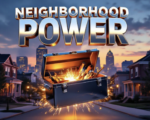 A viral, hyper-realistic YouTube thumbnail with a warm, determined community vibe atmosphere. The background is the downtown Fort Wayne skyline at golden hour mixed with neighborhood streets and porch lights glowing. The composition uses a low-angle heroic shot to focus on the main subject: a glowing, oversized 3D chrome toolbox floating open with tools turning into sparks of light. Image size should be 3:2. The image features massive 3D typography with strict hierarchy: The Primary Text reads exactly: 'NEIGHBORHOOD POWER LAB'. This text is massive, the largest element in the frame, rendered in polished chrome with electric blue glow edges to look like a high-budget 3D render. The Secondary Text reads exactly: 'FORT WAYNE STARTS MARCH 26'. This text is significantly smaller, positioned below the main text. It features a thick, bright gold sticker-style border with slight drop shadow to contrast against the background. Make sure text 2 is always different theme, style, effect and border compared to text 1. The text materials correspond to the story's concept. Crucial Instruction: There is absolutely NO other text, numbers, watermarks, or subtitles in this image other than these two specific lines. 8k, Unreal Engine 5, cinematic render.