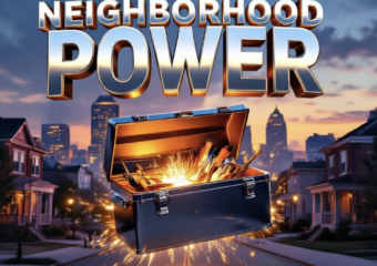 A viral, hyper-realistic YouTube thumbnail with a warm, determined community vibe atmosphere. The background is the downtown Fort Wayne skyline at golden hour mixed with neighborhood streets and porch lights glowing. The composition uses a low-angle heroic shot to focus on the main subject: a glowing, oversized 3D chrome toolbox floating open with tools turning into sparks of light. Image size should be 3:2. The image features massive 3D typography with strict hierarchy: The Primary Text reads exactly: 'NEIGHBORHOOD POWER LAB'. This text is massive, the largest element in the frame, rendered in polished chrome with electric blue glow edges to look like a high-budget 3D render. The Secondary Text reads exactly: 'FORT WAYNE STARTS MARCH 26'. This text is significantly smaller, positioned below the main text. It features a thick, bright gold sticker-style border with slight drop shadow to contrast against the background. Make sure text 2 is always different theme, style, effect and border compared to text 1. The text materials correspond to the story's concept. Crucial Instruction: There is absolutely NO other text, numbers, watermarks, or subtitles in this image other than these two specific lines. 8k, Unreal Engine 5, cinematic render.
