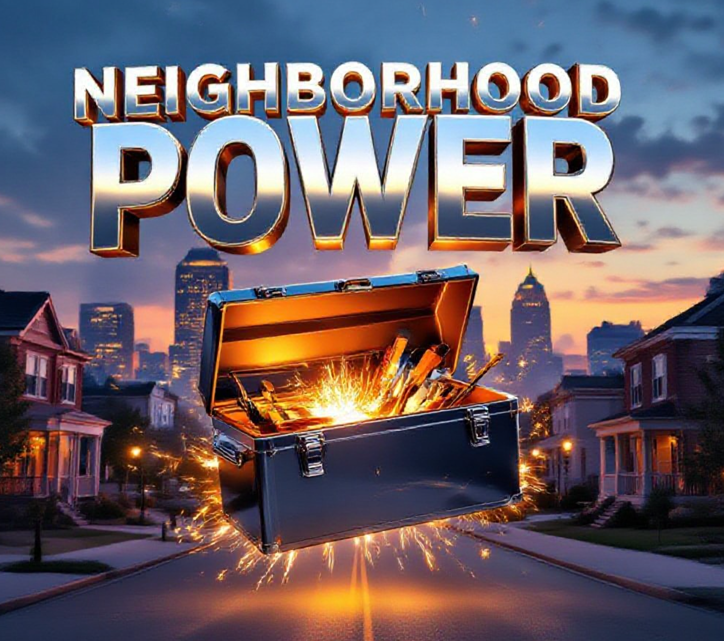 A viral, hyper-realistic YouTube thumbnail with a warm, determined community vibe atmosphere. The background is the downtown Fort Wayne skyline at golden hour mixed with neighborhood streets and porch lights glowing. The composition uses a low-angle heroic shot to focus on the main subject: a glowing, oversized 3D chrome toolbox floating open with tools turning into sparks of light. Image size should be 3:2. The image features massive 3D typography with strict hierarchy: The Primary Text reads exactly: 'NEIGHBORHOOD POWER LAB'. This text is massive, the largest element in the frame, rendered in polished chrome with electric blue glow edges to look like a high-budget 3D render. The Secondary Text reads exactly: 'FORT WAYNE STARTS MARCH 26'. This text is significantly smaller, positioned below the main text. It features a thick, bright gold sticker-style border with slight drop shadow to contrast against the background. Make sure text 2 is always different theme, style, effect and border compared to text 1. The text materials correspond to the story's concept. Crucial Instruction: There is absolutely NO other text, numbers, watermarks, or subtitles in this image other than these two specific lines. 8k, Unreal Engine 5, cinematic render.