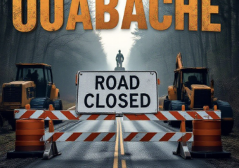 A viral, hyper-realistic YouTube thumbnail with a rugged Indiana outdoors atmosphere. The background is a misty early-spring forest road blocked by orange construction barriers and heavy equipment, with the historic CCC statue barely visible through the trees. The composition uses a dramatic low-angle shot looking up the closed entrance road to focus on the main subject: a massive, weathered "ROAD CLOSED" sign on steel barricades. Image size should be 3:2. The image features massive 3D typography with strict hierarchy: The Primary Text reads exactly: 'Ouabache Closed'. This text is massive, the largest element in the frame, rendered in weathered rust-orange steel to look like a high-budget 3D render. The Secondary Text reads exactly: 'Detour Starts Now'. This text is significantly smaller, positioned below the main text. It features a thick, glowing white border/outline (sticker style) to contrast against the background. Make sure text 2 is always different theme, style, effect and border compared to text 1.