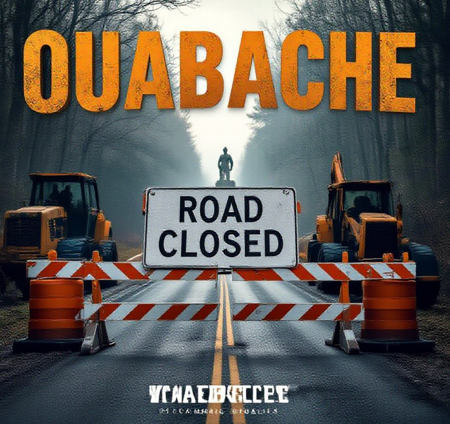 A viral, hyper-realistic YouTube thumbnail with a rugged Indiana outdoors atmosphere. The background is a misty early-spring forest road blocked by orange construction barriers and heavy equipment, with the historic CCC statue barely visible through the trees. The composition uses a dramatic low-angle shot looking up the closed entrance road to focus on the main subject: a massive, weathered "ROAD CLOSED" sign on steel barricades. Image size should be 3:2.
The image features massive 3D typography with strict hierarchy:
The Primary Text reads exactly: 'Ouabache Closed'. This text is massive, the largest element in the frame, rendered in weathered rust-orange steel to look like a high-budget 3D render.
The Secondary Text reads exactly: 'Detour Starts Now'. This text is significantly smaller, positioned below the main text. It features a thick, glowing white border/outline (sticker style) to contrast against the background. Make sure text 2 is always different theme, style, effect and border compared to text 1.
