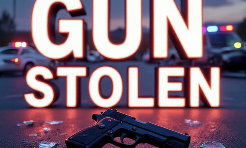 A viral, hyper-realistic YouTube thumbnail with a tense crime scene atmosphere. The background is a busy Grand Junction Walmart parking lot at dusk with smashed car window glass scattered on the asphalt and police lights flashing red and blue. The composition uses a dramatic low angle to focus on the main subject: a recovered black handgun placed on the hood of a police cruiser. Image size should be 3:2. The image features massive 3D typography with strict hierarchy: The Primary Text reads exactly: 'GUN STOLEN'. This text is massive, the largest element in the frame, rendered in glowing red chrome to look like a high-budget 3D render. The Secondary Text reads exactly: 'FROM WALMART CAR'. This text is significantly smaller, positioned below the main text. It features a thick white border with black outline (sticker style) to contrast against the background. Make sure text 2 is always different theme, style, effect and border compared to text 1.