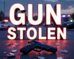 A viral, hyper-realistic YouTube thumbnail with a tense crime scene atmosphere. The background is a busy Grand Junction Walmart parking lot at dusk with smashed car window glass scattered on the asphalt and police lights flashing red and blue. The composition uses a dramatic low angle to focus on the main subject: a recovered black handgun placed on the hood of a police cruiser. Image size should be 3:2. The image features massive 3D typography with strict hierarchy: The Primary Text reads exactly: 'GUN STOLEN'. This text is massive, the largest element in the frame, rendered in glowing red chrome to look like a high-budget 3D render. The Secondary Text reads exactly: 'FROM WALMART CAR'. This text is significantly smaller, positioned below the main text. It features a thick white border with black outline (sticker style) to contrast against the background. Make sure text 2 is always different theme, style, effect and border compared to text 1.