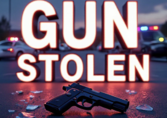 A viral, hyper-realistic YouTube thumbnail with a tense crime scene atmosphere. The background is a busy Grand Junction Walmart parking lot at dusk with smashed car window glass scattered on the asphalt and police lights flashing red and blue. The composition uses a dramatic low angle to focus on the main subject: a recovered black handgun placed on the hood of a police cruiser. Image size should be 3:2. The image features massive 3D typography with strict hierarchy: The Primary Text reads exactly: 'GUN STOLEN'. This text is massive, the largest element in the frame, rendered in glowing red chrome to look like a high-budget 3D render. The Secondary Text reads exactly: 'FROM WALMART CAR'. This text is significantly smaller, positioned below the main text. It features a thick white border with black outline (sticker style) to contrast against the background. Make sure text 2 is always different theme, style, effect and border compared to text 1.