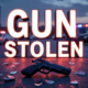 A viral, hyper-realistic YouTube thumbnail with a tense crime scene atmosphere. The background is a busy Grand Junction Walmart parking lot at dusk with smashed car window glass scattered on the asphalt and police lights flashing red and blue. The composition uses a dramatic low angle to focus on the main subject: a recovered black handgun placed on the hood of a police cruiser. Image size should be 3:2. The image features massive 3D typography with strict hierarchy: The Primary Text reads exactly: 'GUN STOLEN'. This text is massive, the largest element in the frame, rendered in glowing red chrome to look like a high-budget 3D render. The Secondary Text reads exactly: 'FROM WALMART CAR'. This text is significantly smaller, positioned below the main text. It features a thick white border with black outline (sticker style) to contrast against the background. Make sure text 2 is always different theme, style, effect and border compared to text 1.