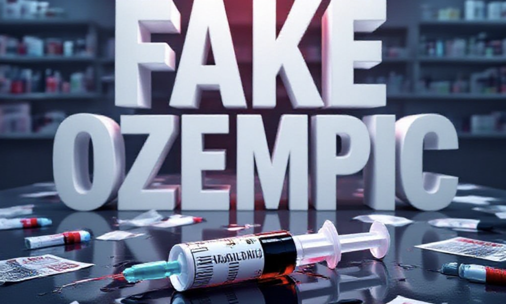 A viral, hyper-realistic YouTube thumbnail with a dramatic medical warning atmosphere. The background is a dark pharmacy counter covered with scattered knockoff weight loss injection pens and ripped misleading advertisement flyers, lit by harsh red warning lights and cold blue clinical fluorescence. The composition uses a low-angle shot to focus on the main subject: a broken, leaking semaglutide injection pen lying in a pool of liquid. Image size should be 3:2. The image features massive 3D typography with strict hierarchy: The Primary Text reads exactly: 'FAKE OZEMPIC'. This text is massive, the largest element in the frame, rendered in cracked, dripping red liquid metal to look like a high-budget 3D render. The Secondary Text reads exactly: 'COLORADO FIGHTS BACK'. This text is significantly smaller, positioned below the main text. It features a thick white glow border with police-style caution tape effect to contrast against the background. Make sure text 2 is always different theme, style, effect and border compared to text 1. The text materials correspond to the story's concept. Crucial Instruction: There is absolutely NO other text, numbers, watermarks, or subtitles in this image other than these two specific lines. 8k, Unreal Engine 5, cinematic render.