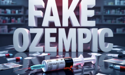 A viral, hyper-realistic YouTube thumbnail with a dramatic medical warning atmosphere. The background is a dark pharmacy counter covered with scattered knockoff weight loss injection pens and ripped misleading advertisement flyers, lit by harsh red warning lights and cold blue clinical fluorescence. The composition uses a low-angle shot to focus on the main subject: a broken, leaking semaglutide injection pen lying in a pool of liquid. Image size should be 3:2. The image features massive 3D typography with strict hierarchy: The Primary Text reads exactly: 'FAKE OZEMPIC'. This text is massive, the largest element in the frame, rendered in cracked, dripping red liquid metal to look like a high-budget 3D render. The Secondary Text reads exactly: 'COLORADO FIGHTS BACK'. This text is significantly smaller, positioned below the main text. It features a thick white glow border with police-style caution tape effect to contrast against the background. Make sure text 2 is always different theme, style, effect and border compared to text 1. The text materials correspond to the story's concept. Crucial Instruction: There is absolutely NO other text, numbers, watermarks, or subtitles in this image other than these two specific lines. 8k, Unreal Engine 5, cinematic render.