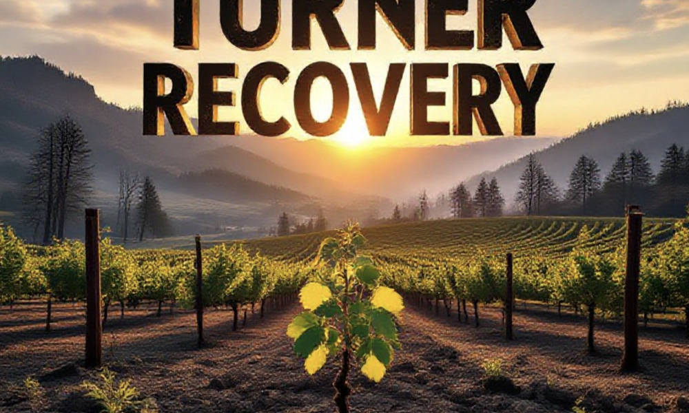 A viral, hyper-realistic YouTube thumbnail with a dramatic wildfire recovery atmosphere. The background is a rugged western Colorado landscape at golden hour showing charred pinyon trees in the distance transitioning to fresh green growth in the foreground with Grand Valley vineyards visible below. The composition uses a low dramatic angle to focus on the main subject: a single resilient grape vine pushing new leaves through ashen soil, with a subtle helicopter seeding silhouette in the sky. Image size should be 3:2. The image features massive 3D typography with strict hierarchy: The Primary Text reads exactly: 'TURNER GULCH RECOVERY'. This text is massive, the largest element in the frame, rendered in weathered brushed steel with glowing orange ember edges to look like a high-budget 3D render. The Secondary Text reads exactly: 'Vineyard Science Night Reveals Plans'. This text is significantly smaller, positioned below the main text. It features a thick white border with red glow outline (sticker style) to contrast against the background. Make sure text 2 is always different theme, style, effect and border compared to text 1.