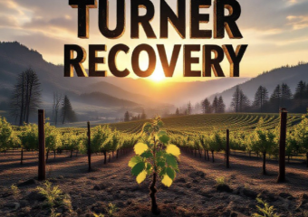 A viral, hyper-realistic YouTube thumbnail with a dramatic wildfire recovery atmosphere. The background is a rugged western Colorado landscape at golden hour showing charred pinyon trees in the distance transitioning to fresh green growth in the foreground with Grand Valley vineyards visible below. The composition uses a low dramatic angle to focus on the main subject: a single resilient grape vine pushing new leaves through ashen soil, with a subtle helicopter seeding silhouette in the sky. Image size should be 3:2. The image features massive 3D typography with strict hierarchy: The Primary Text reads exactly: 'TURNER GULCH RECOVERY'. This text is massive, the largest element in the frame, rendered in weathered brushed steel with glowing orange ember edges to look like a high-budget 3D render. The Secondary Text reads exactly: 'Vineyard Science Night Reveals Plans'. This text is significantly smaller, positioned below the main text. It features a thick white border with red glow outline (sticker style) to contrast against the background. Make sure text 2 is always different theme, style, effect and border compared to text 1.