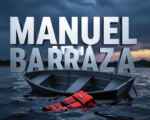 A viral, hyper-realistic YouTube thumbnail with a somber outdoor tragedy atmosphere. The background is the dark, windswept waters of Lake Pueblo at dusk with storm clouds gathering and whitecaps on the surface. The composition uses a dramatic low-angle shot from water level to focus on the main subject: an empty, overturned aluminum fishing boat half-submerged with a lifeless life jacket floating nearby. Image size should be 3:2. The image features massive 3D typography with strict hierarchy: The Primary Text reads exactly: 'MANUEL BARRAZA'. This text is massive, the largest element in the frame, rendered in cold chrome metal with water droplets to look like a high-budget 3D render. The Secondary Text reads exactly: 'FOUND DEAD'. This text is significantly smaller, positioned below the main text with a bold red outline sticker style to contrast against the dark water. Make sure text 2 has a different distress-style font and glowing red border. The text materials correspond to the story's concept. Crucial Instruction: There is absolutely NO other text, numbers, watermarks, or subtitles in this image other than these two specific lines. 8k, Unreal Engine 5, cinematic render.