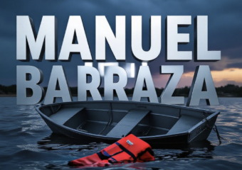 A viral, hyper-realistic YouTube thumbnail with a somber outdoor tragedy atmosphere. The background is the dark, windswept waters of Lake Pueblo at dusk with storm clouds gathering and whitecaps on the surface. The composition uses a dramatic low-angle shot from water level to focus on the main subject: an empty, overturned aluminum fishing boat half-submerged with a lifeless life jacket floating nearby. Image size should be 3:2. The image features massive 3D typography with strict hierarchy: The Primary Text reads exactly: 'MANUEL BARRAZA'. This text is massive, the largest element in the frame, rendered in cold chrome metal with water droplets to look like a high-budget 3D render. The Secondary Text reads exactly: 'FOUND DEAD'. This text is significantly smaller, positioned below the main text with a bold red outline sticker style to contrast against the dark water. Make sure text 2 has a different distress-style font and glowing red border. The text materials correspond to the story's concept. Crucial Instruction: There is absolutely NO other text, numbers, watermarks, or subtitles in this image other than these two specific lines. 8k, Unreal Engine 5, cinematic render.