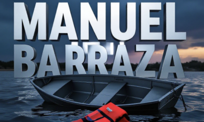 A viral, hyper-realistic YouTube thumbnail with a somber outdoor tragedy atmosphere. The background is the dark, windswept waters of Lake Pueblo at dusk with storm clouds gathering and whitecaps on the surface. The composition uses a dramatic low-angle shot from water level to focus on the main subject: an empty, overturned aluminum fishing boat half-submerged with a lifeless life jacket floating nearby. Image size should be 3:2. The image features massive 3D typography with strict hierarchy: The Primary Text reads exactly: 'MANUEL BARRAZA'. This text is massive, the largest element in the frame, rendered in cold chrome metal with water droplets to look like a high-budget 3D render. The Secondary Text reads exactly: 'FOUND DEAD'. This text is significantly smaller, positioned below the main text with a bold red outline sticker style to contrast against the dark water. Make sure text 2 has a different distress-style font and glowing red border. The text materials correspond to the story's concept. Crucial Instruction: There is absolutely NO other text, numbers, watermarks, or subtitles in this image other than these two specific lines. 8k, Unreal Engine 5, cinematic render.