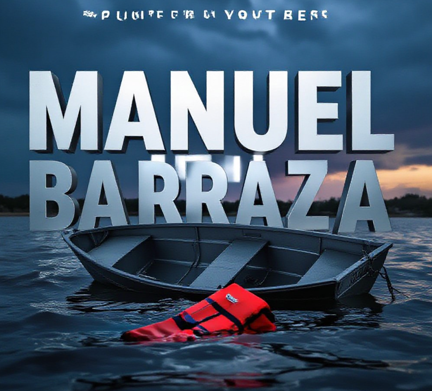 A viral, hyper-realistic YouTube thumbnail with a somber outdoor tragedy atmosphere. The background is the dark, windswept waters of Lake Pueblo at dusk with storm clouds gathering and whitecaps on the surface. The composition uses a dramatic low-angle shot from water level to focus on the main subject: an empty, overturned aluminum fishing boat half-submerged with a lifeless life jacket floating nearby. Image size should be 3:2. The image features massive 3D typography with strict hierarchy: The Primary Text reads exactly: 'MANUEL BARRAZA'. This text is massive, the largest element in the frame, rendered in cold chrome metal with water droplets to look like a high-budget 3D render. The Secondary Text reads exactly: 'FOUND DEAD'. This text is significantly smaller, positioned below the main text with a bold red outline sticker style to contrast against the dark water. Make sure text 2 has a different distress-style font and glowing red border. The text materials correspond to the story's concept. Crucial Instruction: There is absolutely NO other text, numbers, watermarks, or subtitles in this image other than these two specific lines. 8k, Unreal Engine 5, cinematic render.