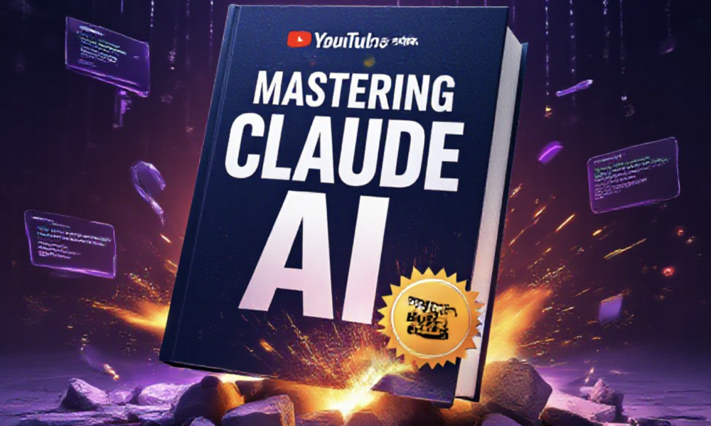 A viral, hyper-realistic YouTube thumbnail with a sleek tech atmosphere. The background is a dramatic dark gradient workspace with floating holographic code streams and subtle Claude purple accents with cinematic rim lighting. The composition uses a low-angle heroic shot to focus on the main subject: a premium hardcover book titled "Mastering Claude AI" dramatically bursting through cracked concrete with orange Amazon Best-Seller badge exploding outward. Image size should be 3:2. The image features massive 3D typography with strict hierarchy: The Primary Text reads exactly: 'MASTERING CLAUDE AI'. This text is massive, the largest element in the frame, rendered in liquid chrome with purple glow to look like a high-budget 3D render. The Secondary Text reads exactly: '#1 BEST SELLER'. This text is significantly smaller, positioned below the main text. It features a thick, glowing orange border/outline (sticker style) to contrast against the background. Make sure text 2 is always different theme, style, effect and border compared to text 1. The text materials correspond to the story's concept. Crucial Instruction: There is absolutely NO other text, numbers, watermarks, or subtitles in this image other than these two specific lines. 8k, Unreal Engine 5, cinematic render.