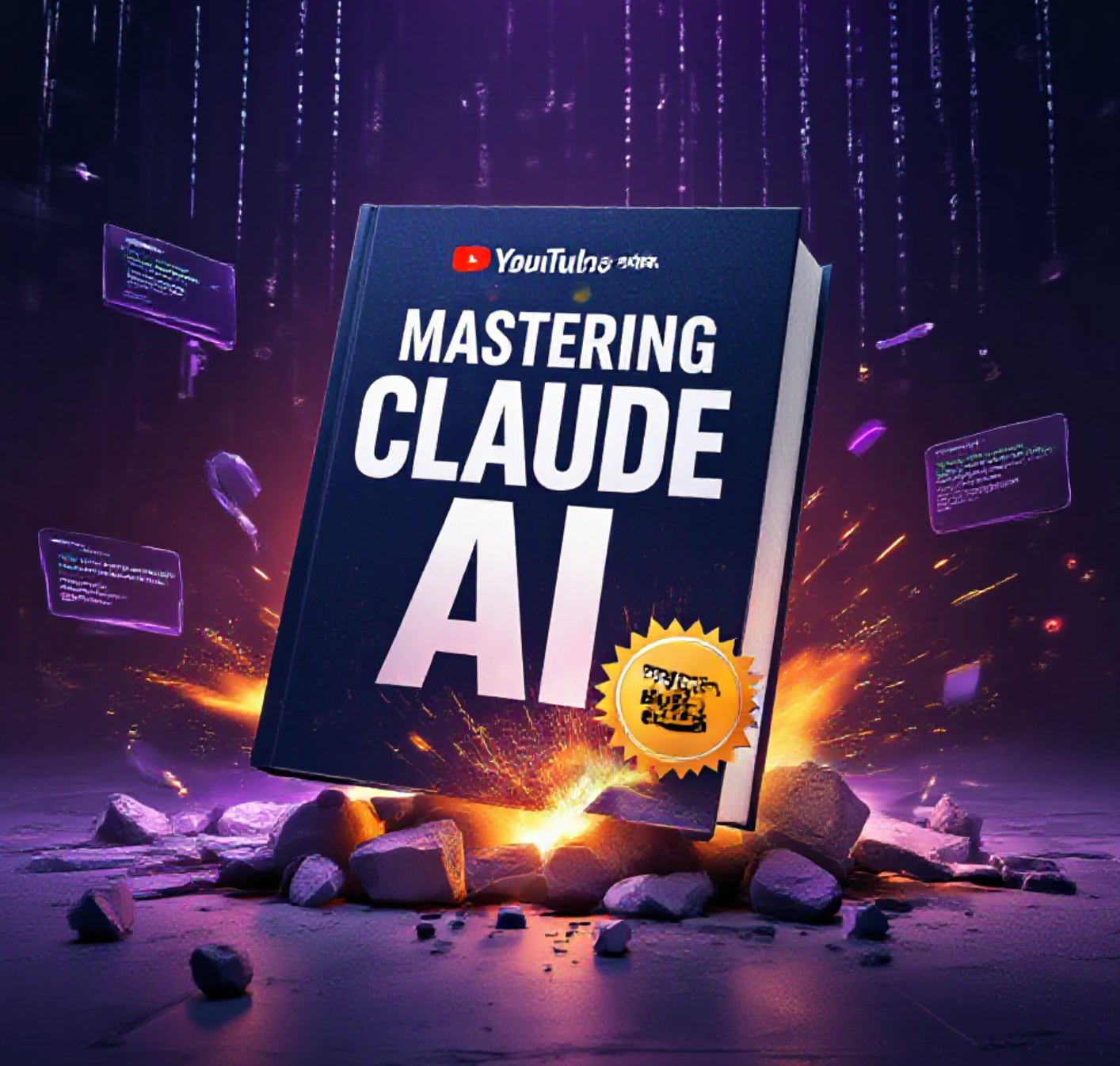 A viral, hyper-realistic YouTube thumbnail with a sleek tech atmosphere. The background is a dramatic dark gradient workspace with floating holographic code streams and subtle Claude purple accents with cinematic rim lighting. The composition uses a low-angle heroic shot to focus on the main subject: a premium hardcover book titled "Mastering Claude AI" dramatically bursting through cracked concrete with orange Amazon Best-Seller badge exploding outward. Image size should be 3:2. The image features massive 3D typography with strict hierarchy: The Primary Text reads exactly: 'MASTERING CLAUDE AI'. This text is massive, the largest element in the frame, rendered in liquid chrome with purple glow to look like a high-budget 3D render. The Secondary Text reads exactly: '#1 BEST SELLER'. This text is significantly smaller, positioned below the main text. It features a thick, glowing orange border/outline (sticker style) to contrast against the background. Make sure text 2 is always different theme, style, effect and border compared to text 1. The text materials correspond to the story's concept. Crucial Instruction: There is absolutely NO other text, numbers, watermarks, or subtitles in this image other than these two specific lines. 8k, Unreal Engine 5, cinematic render.