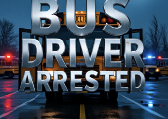 A viral, hyper-realistic YouTube thumbnail with a dark, tense crime atmosphere. The background is a rainy Colorado school bus parking lot at dawn with police lights flashing red and blue across wet pavement. The composition uses a low-angle shot to focus on the main subject: a yellow school bus with open doors and police tape across it. Image size should be 3:2. The image features massive 3D typography with strict hierarchy: The Primary Text reads exactly: 'BUS DRIVER ARRESTED'. This text is massive, the largest element in the frame, rendered in cold chrome metal with dripping wet effects to look like a high-budget 3D render. The Secondary Text reads exactly: 'Child Sex Assault'. This text is significantly smaller, positioned below the main text. It features a thick, blood-red border/outline (sticker style) to contrast against the dark background. Make sure text 2 is always different theme, style, effect and border compared to text 1.