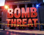 A viral, hyper-realistic YouTube thumbnail with a tense crime-scene atmosphere. The background is the Dennis Maes Judicial Building in Pueblo under harsh afternoon sunlight with red and blue emergency lights flashing across the facade. The composition uses a dramatic low angle to focus on the main subject: a large abandoned courthouse entrance with yellow police tape stretched across the doors. Image size should be 3:2. The image features massive 3D typography with strict hierarchy: The Primary Text reads exactly: 'BOMB THREAT'. This text is massive, the largest element in the frame, rendered in glowing red chrome to look like a high-budget 3D render. The Secondary Text reads exactly: 'Pueblo Courthouse Evacuated'. This text is significantly smaller, positioned below the main text. It features a thick white border with black outline (sticker style) to contrast against the background. Make sure text 2 is always different theme, style, effect and border compared to text 1.